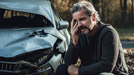 Anxious sad Man Involved In Car Accident Calling Insurance Company - obrazy, fototapety, plakaty