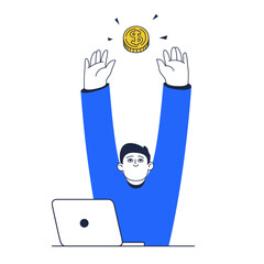 Illustration of a flat-style man looking at the coin. Financial vector artwork to passive income. Vector business illustration, a man in a blue sweater with a laptop.