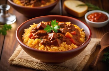 Beef goulash with rice in a deep ceramic plate. Fragrant stew in tomato sauce close-up. Lunch on a wooden table in a simple rustic style. A popular dish of European cuisine