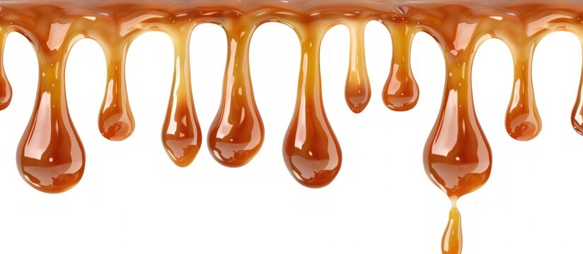Close up detail of dripping Melted caramel drops isolated on white background. AI generated image