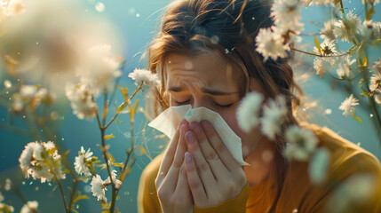 Brunette sneezing in paper napkin during early summer or spring. Allergenic pollen causing allergy problems during the blooming season. - obrazy, fototapety, plakaty