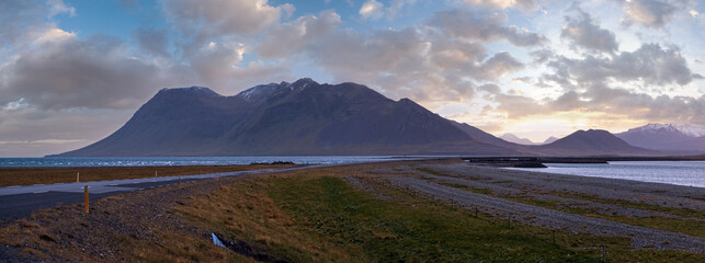View during auto trip in West Iceland, Kolgrafafjordur fjord. Spectacular Icelandic landscape with ...
