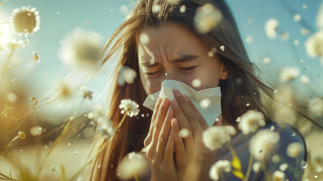 Brunette sneezing in paper napkin during early summer or spring. Allergenic pollen causing allergy problems during the blooming season.
