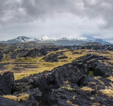 View during auto trip in West Iceland, Snaefellsnes peninsula, View Point near Svortuloft Lighthouse. Spectacular black volcanic rocks and snowy Snaefellsjokull Volcano in far.