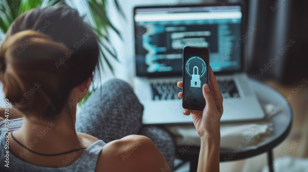 Poster a person's hand is interacting with a smartphone displaying a cybersecurity lock graphic, with a lap
