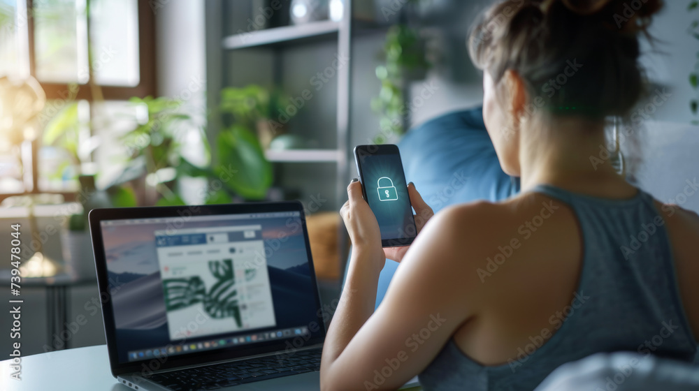 Poster a person's hand is interacting with a smartphone displaying a cybersecurity lock graphic, with a lap