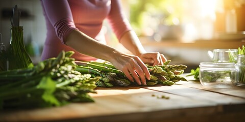 Woman preparing fresh asparagus for a delicious meal at her kitchen table. Concept Cooking, Home Cooking, Healthy Eating, Fresh Ingredients, Kitchen Skills
