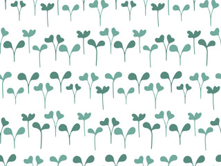 Green doodle Silhouette row Sprouts. Raw fresh microgreen. Seamless micro greens pattern. Healthy eating, nutrition vegan organic natural food concept. Cute flat design illustration