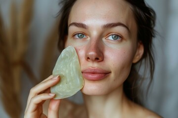 portrait of a young woman 35 years old with small wrinkles without makeup. gua sha massager in hand