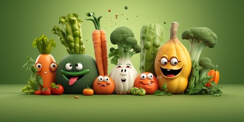 create a vegetable illustration hero page for UX, UI landing page, carton style vegetable carrot, potato, cucumber, tomato, cauliflower with eyes, 3D oily UX, UI interface, highly detailed, eye catchi