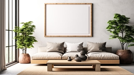 Fototapeta na wymiar A contemporary living room adorned with a stylish sofa and a captivating painting in soothing natural hues, creating a harmonious and inviting ambiance for relaxation and socializing.