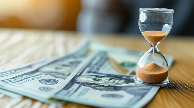 sand jam on a pile of dollar bills, financial concept, investment