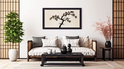 Fotobehang A contemporary living room adorned with a stylish sofa and a captivating painting in soothing natural hues, creating a harmonious and inviting ambiance for relaxation and socializing. © Людмила Мазур