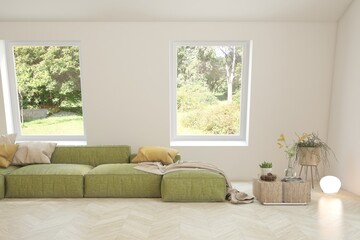 Fototapeta premium White living room with sofa and summer landscape in window. Scandinavian interior design. 3D illustration