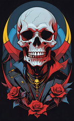 Vector illustration, print layout for t-shirt with skull, cyberpunk stylization, banner layout for tattoo, poster,