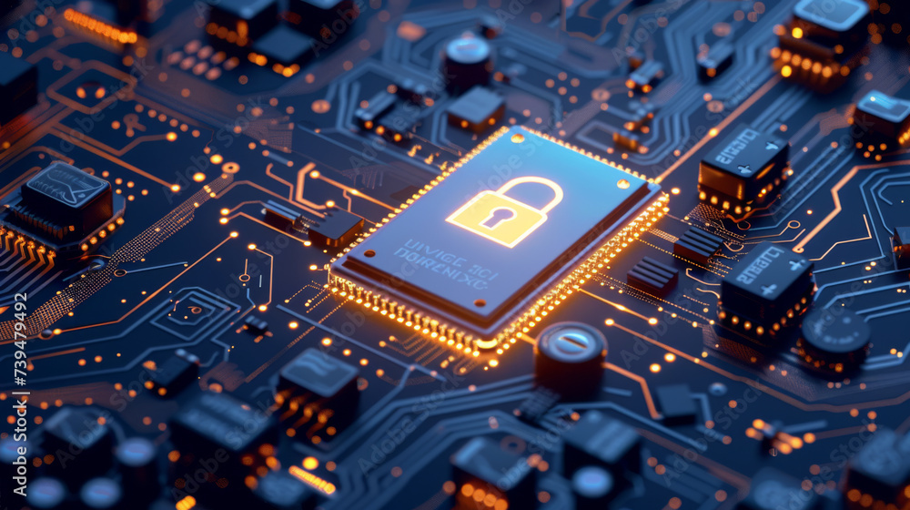 Poster a close-up of a motherboard featuring a security chip with a lock symbol, surrounded by circuits and