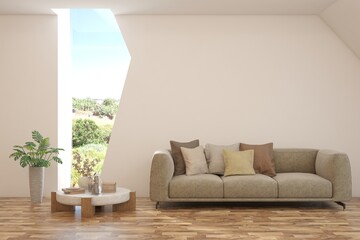 White living room with sofa and summer landscape in window. Scandinavian interior design. 3D illustration