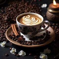Beautifully decorated cup of hot coffee with scattered coffee beans and cozy natural elements