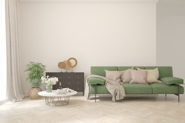 White scandinavian interior design with sofa. 3D illustration