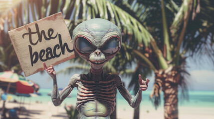 alien holding a sign with the text "to the beach", beach in the background, palm trees, summer vibes