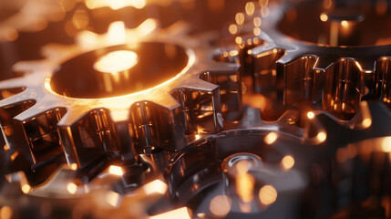A close-up of interlocking metal gears illuminated in a warm, golden light, symbolizing precision...