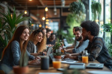 Young and enthusiastic entrepreneurs share a moment of camaraderie and productive discussion in a co-working space surrounded by lush plants.