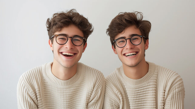 Two identical twin young guys laughing on grey background.