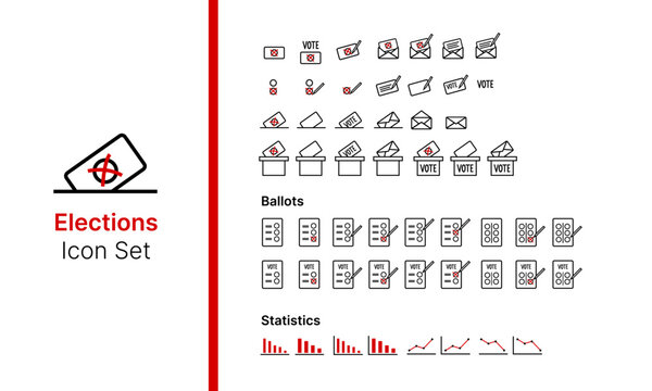 Iconsammlung politische Wahlen / Briefwahl / Statistiken / Stimmzettel / Wahlurne / Abstimmung