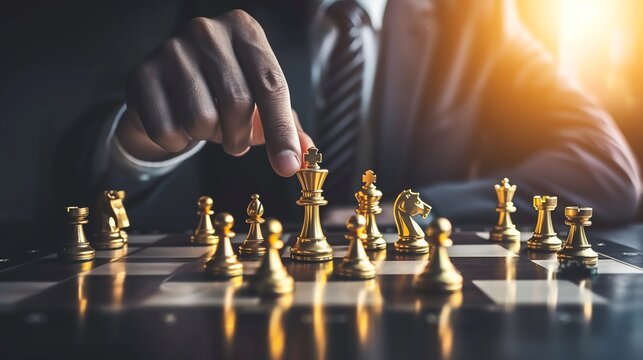 Businessman playing chess game, business strategy concept, leader & success. Ai.