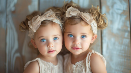 Two identical twin sisters with blue eyes and blond hair.  - obrazy, fototapety, plakaty