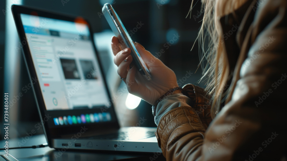 Poster a person's hand is interacting with a smartphone displaying a cybersecurity lock graphic, with a lap