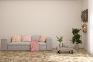 Fototapeta premium Modern minimalist interior with sofa on empty white color wall background. Interior mockup. Scandinavian interior design. 3D illustration