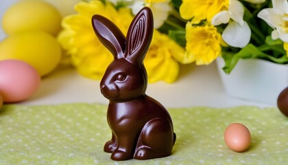 Fototapeta na wymiar April Celebrations Handcrafted Chocolate Bunny and Festive Eggs