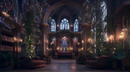 Fototapeta na wymiar AI generated image of an ornate magical library with fairy lights, ornamental plants and gothic arches