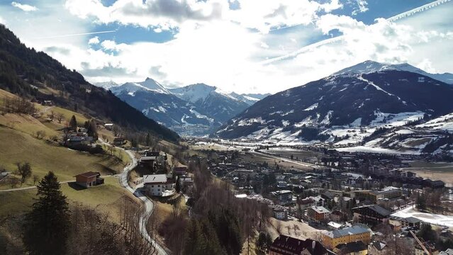 Aerial and drone view of Bad Hofgastein ski resort and village located in the mountains of the Alps, Austria