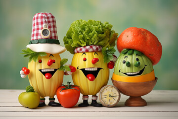 Obraz premium Composition of cartoon, anthropomorphic characters in the form of fruits and vegetables on a white background. Illustration for advertising companies, sales promotions, websites and catalogs.