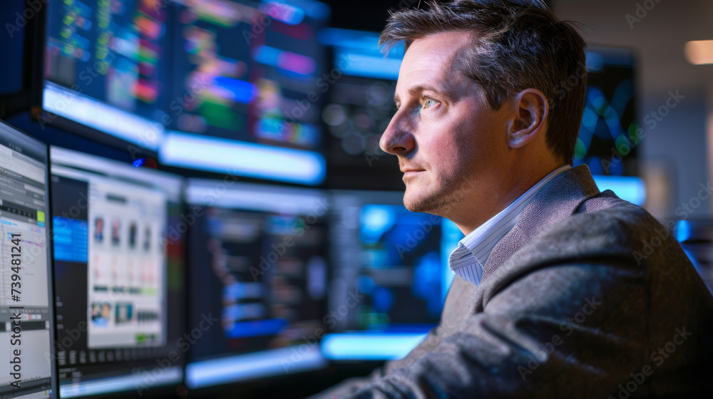 Poster a focused financial analyst is working in a high-tech monitoring room filled with computer screens d