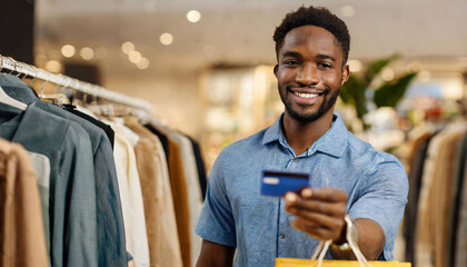 Young man using a credit card to pay in a clothes shop store