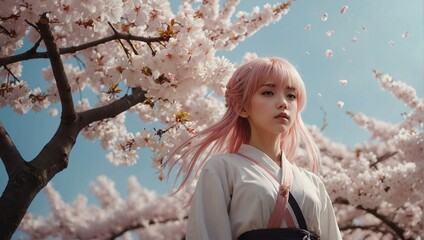Anime girl  under a blooming sakura tree, her  hair flowing in the gentle breeze.