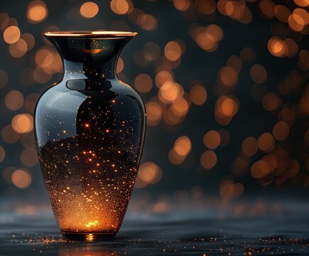 Vasija de vidrio negro, con detalles dorados a modo de chispas de fuego, llama, fondo negro con c&iacute;rculos luminosos anaranjados color miel, borde en oro, conceptual, exquisito, delicado, elegante, lujo