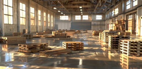 An expansive, sunlit warehouse interior featuring empty space with pallets scattered across the floor, providing a sense of vastness and industrial atmosphere