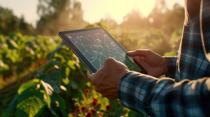 An agricultural technician uses a tablet with advanced software to analyze crop health in a sunlit agricultural field. AIG41 - obrazy, fototapety, plakaty