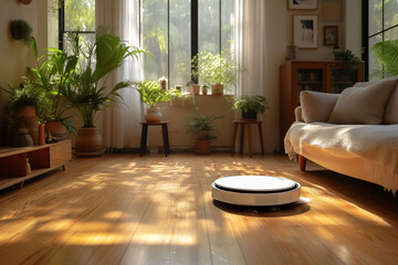 Autonomous Cleaning Robot Vacuuming a Sunny Living Room with Lush Indoor Plants and Cozy Decor