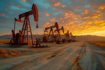 Oil pumps and derricks in a desert landscape with a vibrant sunset sky.