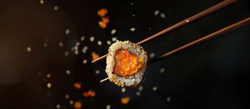 Close up of tasty pieces of sushi with chopsticks on dark background. AI generated image