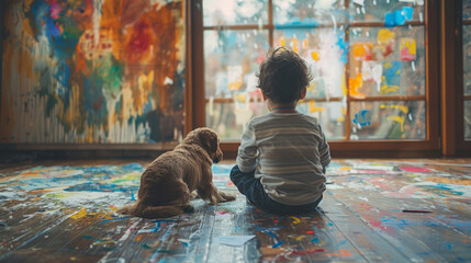 Boy and his dog looking at a wall full of children's doodles and paintings. Messy living room. Concept of children's creativity and mischief of kids and pets ,generative ai - obrazy, fototapety, plakaty