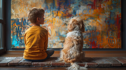 Boy and his dog looking at a wall full of children's doodles and paintings. Messy living room....