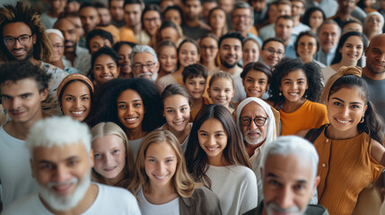 Very big group of diverse people. Multi generational with various ethnicities. All happy and looking up. 
