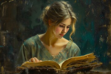Elegant Woman Engrossed in an Antique Book - Classical Art Style Illustration