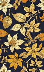 Fotobehang Vector illustration, elegant vintage Japanese leaves with patterns. Pattern of floral gold elements in vintage style for design, floral background and wallpaper, © Perecciv
